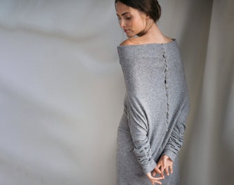 Frauen Pullover Kleid, Wollpullover, Winterkleid, Lockerer Pullover Kleid, Off Schulter Kleid, Pullover mit Knöpfen, Langarm Kleid, Herbst