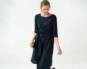 Dark Blue Linen Dress, Minimalist Dress, Women Tunic Dress, Linen Clothes, Summer Linen Dress, Loose Styles, Half Sleeve Dress, Casual Dress