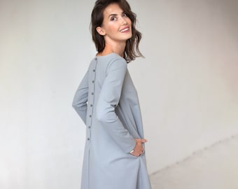 Minimalist Gray Dress CALMNESS. Petite Clothing. A Line Dress. Midi Dress.