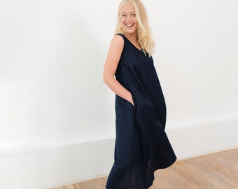 Linen Loose Dress, Deep Blue Dress, Maternity Dress, Linen Clothing, Sleeveless Dress, Belt Dress, Linen Elegant Dress, V Neck Dress