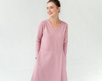 Pink Petite Dress, LeMuse Dress, Womens Clothing, Modest Dress, Loose Dress, Cocktail Dress, Casual Dress, Work Dress, Long Sleeve Dress