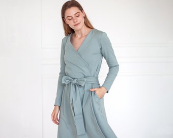 Mint Wrap Dress, Long Sleeve Dress, Minimalist Clothing, Elegant Dress, Midi Belt Dress, Women Petite Dress, Mint Robe Dress, Formal Dress