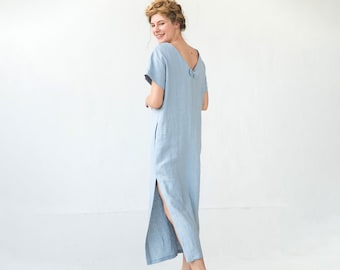 Abito maxi in lino, abito azzurro, abito estivo, abito ampio, abbigliamento minimalista, abito aperto sul retro, abito con fiocco, abito oversize, abito maxi