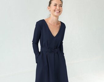 Formal Dress, Navy Blue Elegant Dress, LeMuse Dress, Wedding Guest Dress, Womens Clothing, Long Sleeve Dress, V Neck Dress, Bow Dress