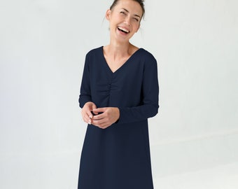 Minimalist Dress, LeMuse Dress, Navy Blue Dress, A Line Dress, Winter Dress Women, V Neck Dress, Viscose Dress, Modest Dress, Casual Dress