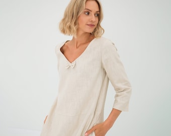 Robe en lin soleil, Robe en lin beige, Robe en lin à col en V, Vêtements en lin, Robe ample en lin, Robe en lin simple, Moderne milieu du siècle, Lemuse