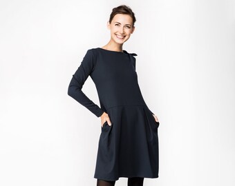 Elegant Cocktail Dress, Womens Spring Dresses, Petite Dresses, Cute Dress, Navy Blue Midi Dress With Pockets, Occasion Dress, LeMuse