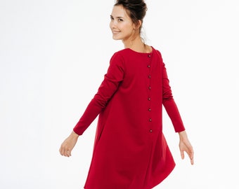 Minimalist Red Dress, Womens Clothing, LeMuse Dress, Cocktail Dress,  Romantic Dress, Spring Clothing, Red Long Sleeve Dress, Elegant Dress