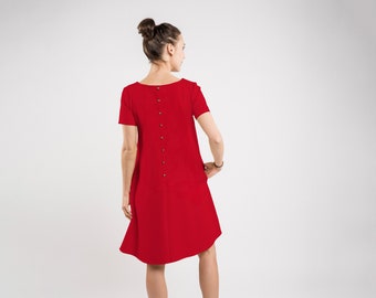 Red Dress, Christmas Dress, Short Sleeve Dress, Button Back Dress, Simple Dress, Minimalist Dress, Loose Dress, Holiday Dress, LeMuse