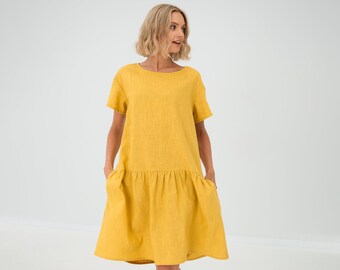 Linen Clothing, Womens Spring Dresses, Yellow Linen Dress, Handmade Dress By LeMuse, Drop Waist Dress, Mid Century Modern, Summer Clothing