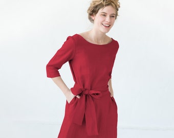 Red Linen Dress, Minimalist Dress, Cocktail Dress, Elegant Dress, Christmas Dress, Linen Clothing, Work Dress, Midi Dress With Pockets