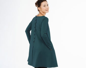 Petrolgrünes minimalistisches Kleid, Frühlingskleider Damen, Kleid mit Knopfleiste hinten, LeMuse-Kleid, Frühlingskleidung, Langarmkleid, zierliches Kleid