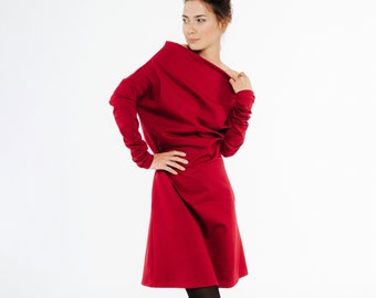 Rotes Kleid für Damen, Cocktailkleid, LeMuse-Kleidung, schulterfreies Kleid, Frühlingskleidung, formelles Kleid, elegantes Kleid, rotes Midi-Kleid, romantisch