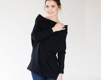 Off Shoulder Sweater By LeMuse, Extravagant Clothing, Wool Sweater, Knit Sweater, Long Sleeve Top, Black Sweater, Elegant Sweater, Winter