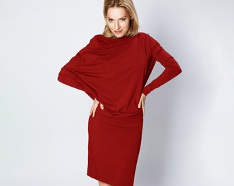 Rotes Kleid für Damen, Fledermauskleid, rotes Cocktailkleid, Urlaubskleid, schulterfreies Kleid, LeMuse-Kleid, elegantes Kleid, Weihnachtspartykleid, LeMuse