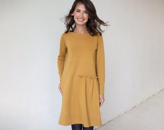 Minimalist Yellow Dress, LeMuse Clothing, Mid Century Modern, Mustard Dress, Elegant Dress, Casual Work Dress, Long Sleeve Dress, Womens