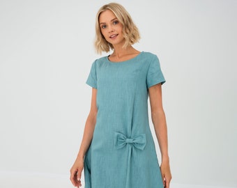 Robe en lin bleu canard à manches courtes et poches latérales - XS - XL Tailles disponibles