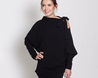 Sweater With Bow By LeMuse, Black Sweater, Wool Sweater, Minimalist Sweater, Loose Pullover, Wool Tunic Top, Asymmetrical Sweater, Winter