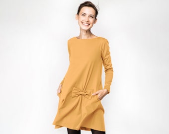 Women Yellow Dress, Long Sleeve Dress, Petite Dress, Bow Dress, Elegant Dress, Pocket Dress, Mustard Dress, Loose Dress, Winter Dress