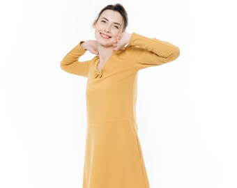 Minimalist Elegant Yellow Dress For Women - Sun Dress With Long Sleeves - Best Gift For Her - Casual Dress For Women - Dress With Ribbon