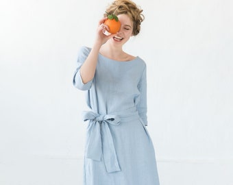 Lichtblauwe jurk, linnen jurk voor vrouwen, Mid Century Modern, minimalistische jurk, linnen kleding, zomer linnen jurk, dameskleding, Lemuse