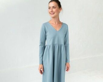 Women Dress, Flare Dress, Long Sleeve Dress, Maternity Dress, Winter Dress, Minimalist Clothing, Midi Dress, Pocket Dress, V Neck Dress