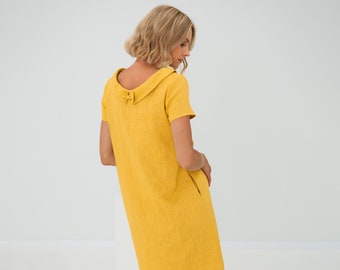 Yellow linen dress with pockets, minimalist fall natural women beach yellow wedding guest clothes, modern bridesmaid frock, spring, apparel
