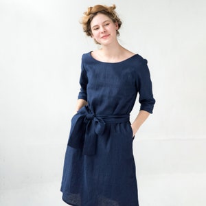 Linen Summer Dress Deep Blue Dress Belt Dress Midi Dress - Etsy