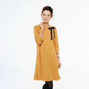 Mid Century Modern Dress, Mustard Dress For Woman, Yellow Retro Dress, Women&#39;s Clothing, Minimalist Dress With Pockets And Ribbon