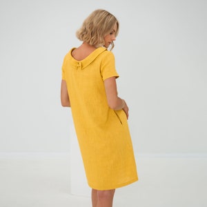 Robe en lin jaune, Robe minimaliste, Robe trapèze, Robe simple, Robe de tous les jours, Robe modeste, Vêtements en lin, Robe en lin décontractée, Lemuse image 1