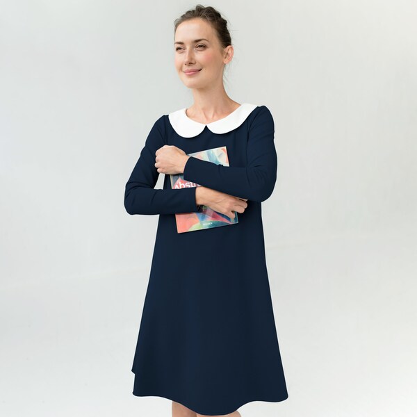 Robe à col Claudine, Robe minimaliste, Robe des années 1960, Vêtements LeMuse, Robe d'hiver, Robe avec poches, Robe à manches longues, Robe des années 60