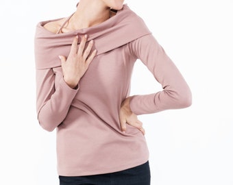 Dusty Rose Blouse, Long Sleeve Top, Pink Blouse, Off Shoulder Top, Minimalist Clothing, Elegant Top, Loose Top, Winter Top, Cocktail Top