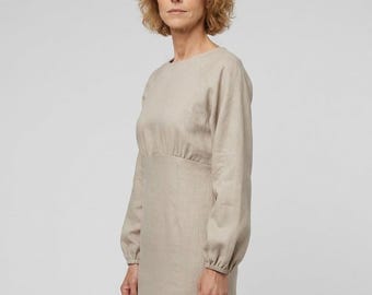 Minimalist women's linen wedding dress, classic midi bridal clothing, modest classic shift short frock, summer, fall apparel