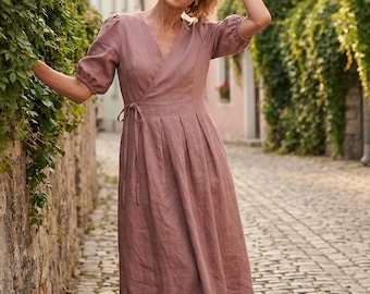 Minimalist women's linen dress, classic wrap clothing, modest bridesmaid shift short rose frock, summer, spring, fall apparel
