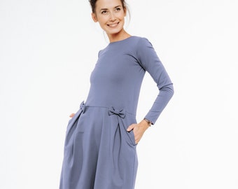 Blouse Dress Women, Cocktail Dress, Blue Dress, Long Sleeve Dress, Minimalist Dress, Retro Dress, Ladies Dress, Loose Fit Dress, Party Dress