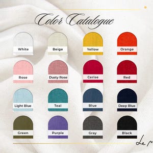 May include: Color catalogue with 16 fabric swatches in various colors, including white, beige, yellow, orange, rose, dusty rose, cerise, red, light blue, teal, blue, deep blue, green, purple, gray, and black. The text "Color Catalogue" is at the top of the image.