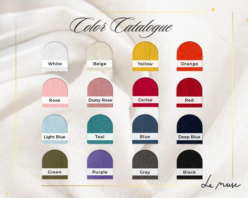May include: Color catalogue with 16 fabric swatches in various colors, including white, beige, yellow, orange, rose, dusty rose, cerise, red, light blue, teal, blue, deep blue, green, purple, gray, and black. The text "Color Catalogue" is at the top of the image.