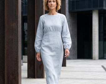 Classic linen dress for women, classic midi receptionist clothing, women's modest office shift short rose frock, summer, fall apparel