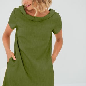 Zomer bruiloft gastjurk, groenblauw linnen jurk, schattige linnen jurk, formele jurk, cocktailjurk, bescheiden jurk, minimalistische jurk met strik, LeMuse