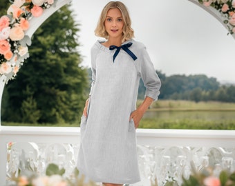 White Linen Mother of The Groom Dress, French Boho Frock, Bow Courthouse Wedding Clothing With Pockets, Elopement Dress, Simple Bridal Dress