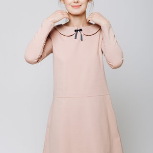 Nude Dress, Women Dress, Long Sleeve Dress, Collar Dress, Blush Dress, Pink Dress, Loose Fit Dress, Party Dress, Minimalist Dress, Collar image 4