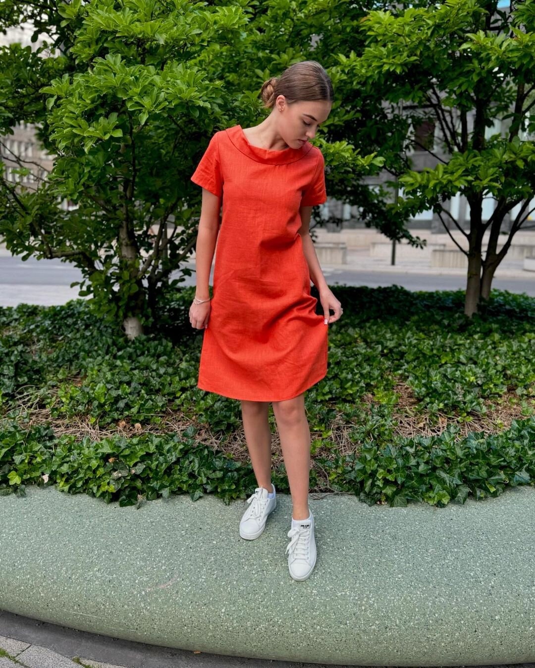 Orange Linen Petite Dress, Minimalist Everyday Frock, Womens Summer Shift Apparel, Casual Linen Clothing With Pockets, Boat Neck Orange Linen Petite Dress, Minimalist Everyday Frock, Womens Summer Shift Apparel, Casual Linen Clothing With Pockets, Boat Neck