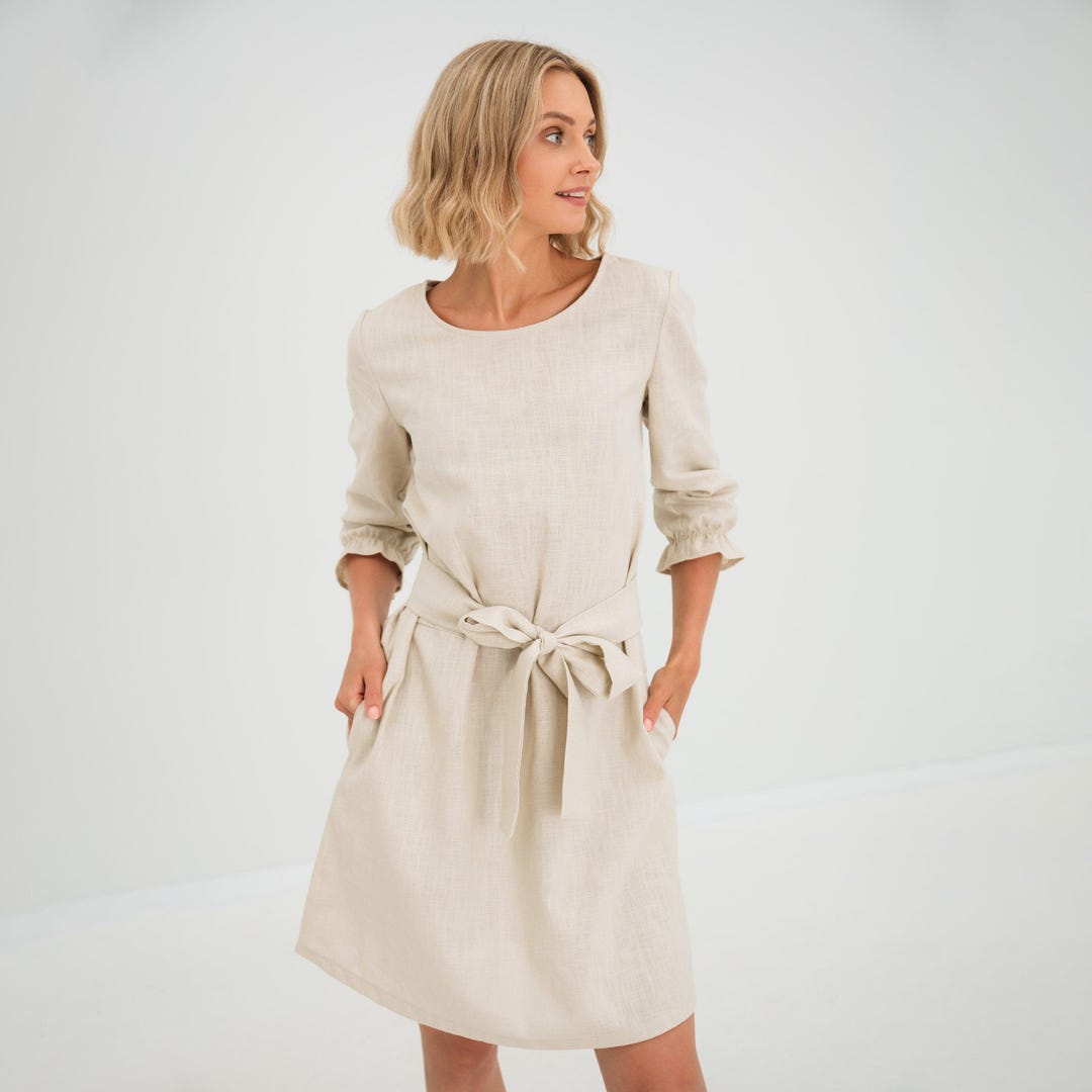 Summer Sophistication Linen Blend Unique Print Belted Pocket Shirt Mini Dress