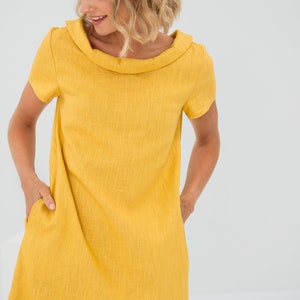 Robe en lin jaune, Robe minimaliste, Robe trapèze, Robe simple, Robe de tous les jours, Robe modeste, Vêtements en lin, Robe en lin décontractée, Lemuse image 6