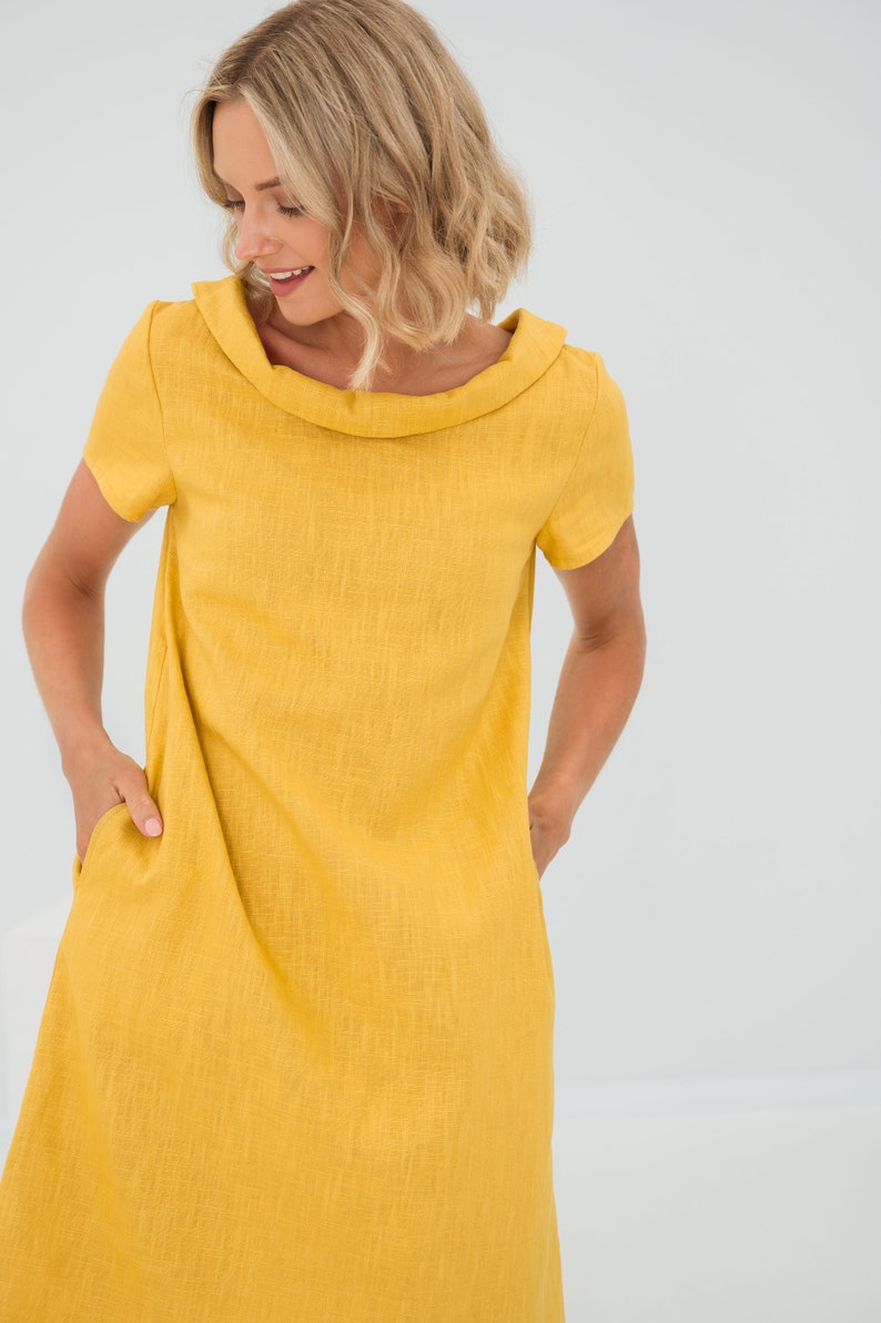 Vestido de lino amarillo, vestido minimalista, vestido de línea, vestido sencillo, vestido de todos los días, vestido modesto, ropa de lino, vestido de lino casual, Lemuse imagen 6