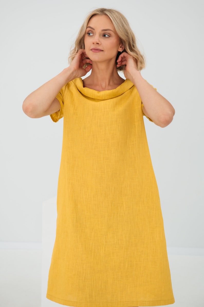 Vestido de lino amarillo, vestido minimalista, vestido de línea, vestido sencillo, vestido de todos los días, vestido modesto, ropa de lino, vestido de lino casual, Lemuse imagen 4