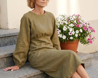 Formal linen clothing for women, classic midi receptionist dress, modest office shift short rose frock, summer, fall apparel