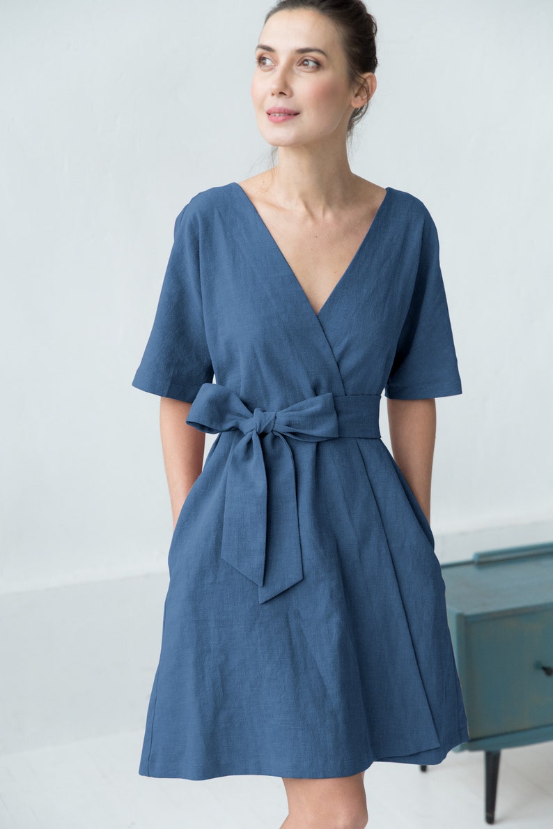 Wrap Linen Dress Blue Linen Dress Summer Dress Belt Dress Etsy UK