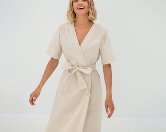 Natural linen petite kimono mother of the groom wrap dress, knee short shift everyday minimalist frock with belt, wedding guest clothes