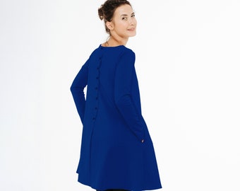 Loose Fit-n-Flare Button Back Dress with Pockets, Blue Boatneck Petite Dress, Midi Dress, Minimalist Clothing, Long Sleeve Winter Dress